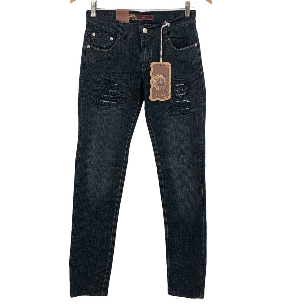U-51 Skinny Jeans Women's 3/4 Distressed Dark Wash Stretch Low Rise Embroidered
